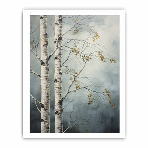 Birch tree canvas art with soft blue gray tones for peaceful modern room decor.