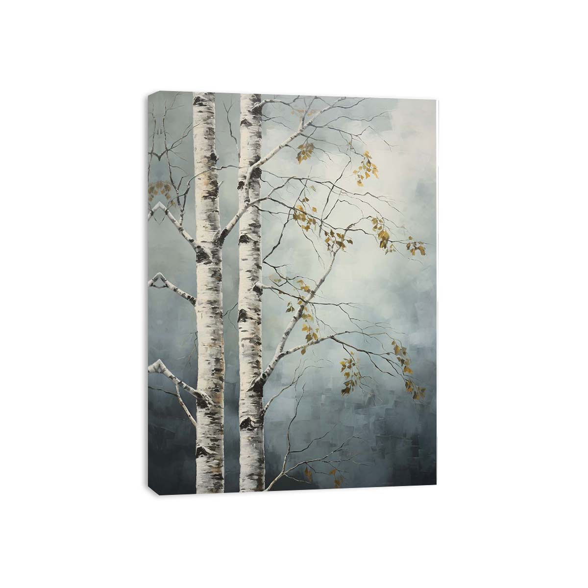 Birch tree canvas art with soft blue gray tones for peaceful modern room decor.