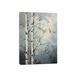 Birch tree canvas art with soft blue gray tones for peaceful modern room decor.