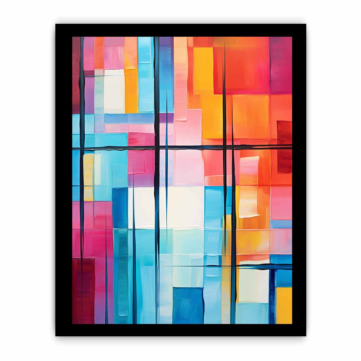 Colorful geometric abstract canvas art for bright modern office or living room decor.