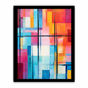 Colorful geometric abstract canvas art for bright modern office or living room decor.