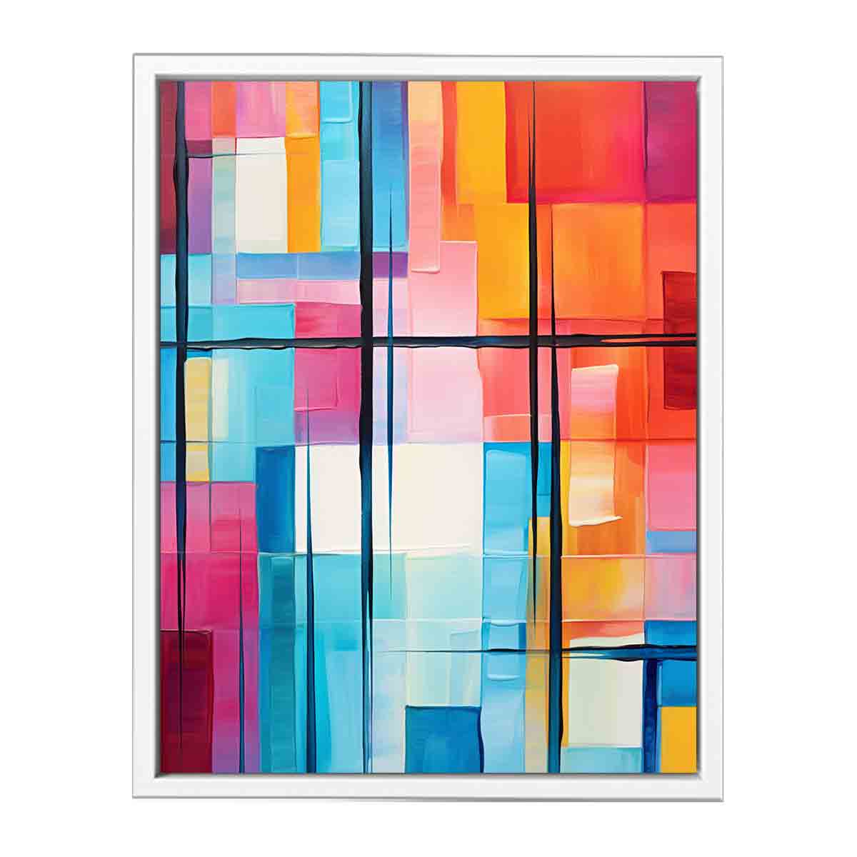 Colorful geometric abstract canvas art for bright modern office or living room decor.