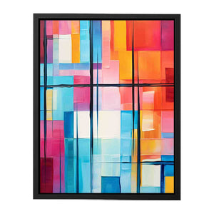 Colorful geometric abstract canvas art for bright modern office or living room decor.