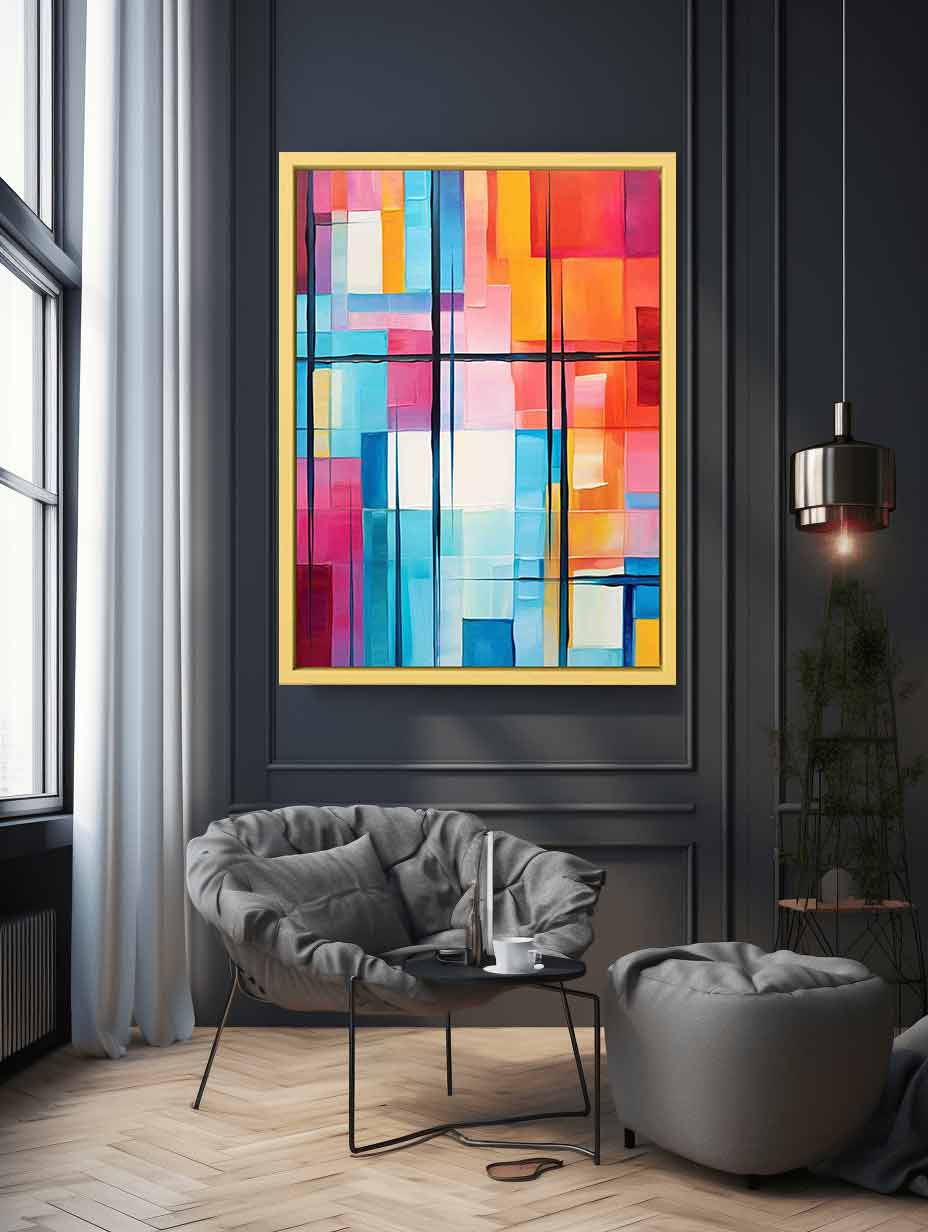 Colorful geometric abstract canvas art for bright modern office or living room decor.