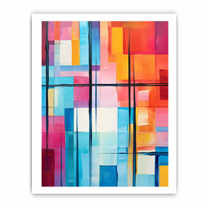 Colorful geometric abstract canvas art for bright modern office or living room decor.