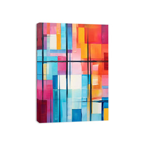 Colorful geometric abstract canvas art for bright modern office or living room decor.