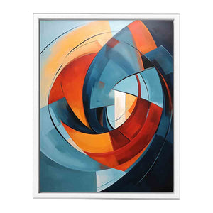 Teal and orange circular abstract canvas art for modern living room statement decor.