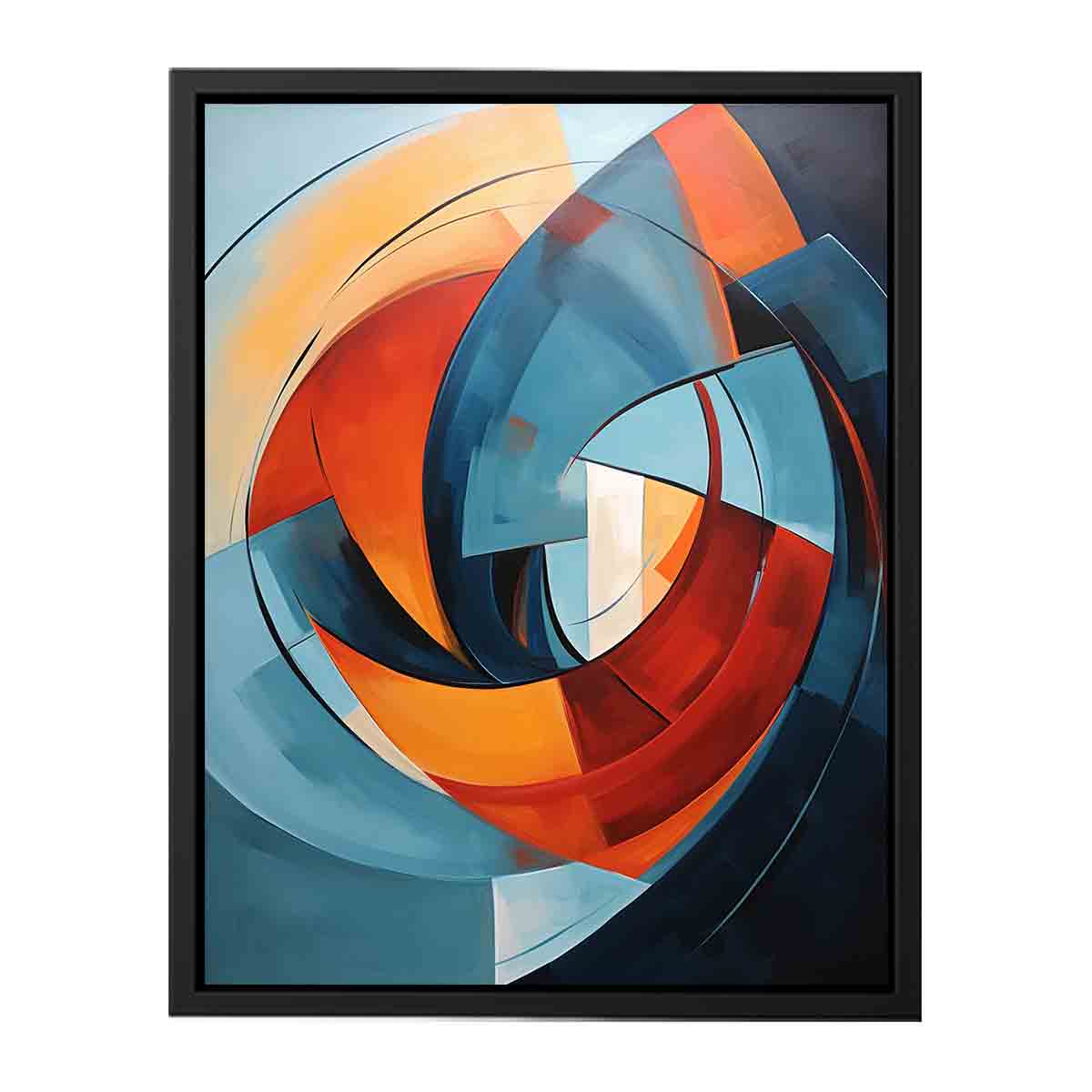 Teal and orange circular abstract canvas art for modern living room statement decor.