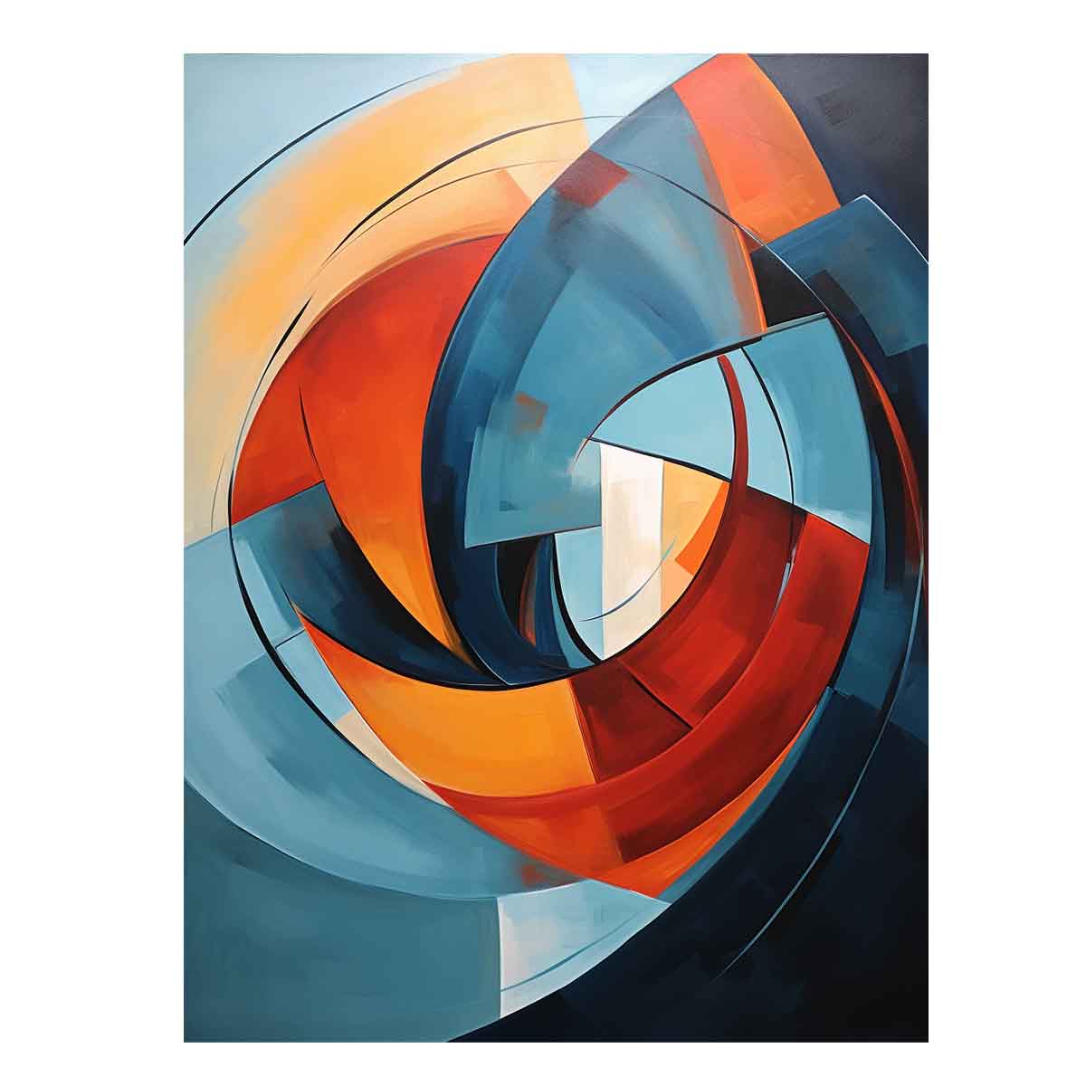 Teal and orange circular abstract canvas art for modern living room statement decor.