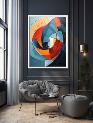 Teal and orange circular abstract canvas art for modern living room statement decor.