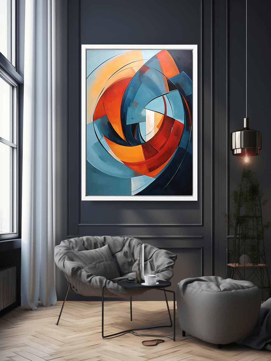 Teal and orange circular abstract canvas art for modern living room statement decor.