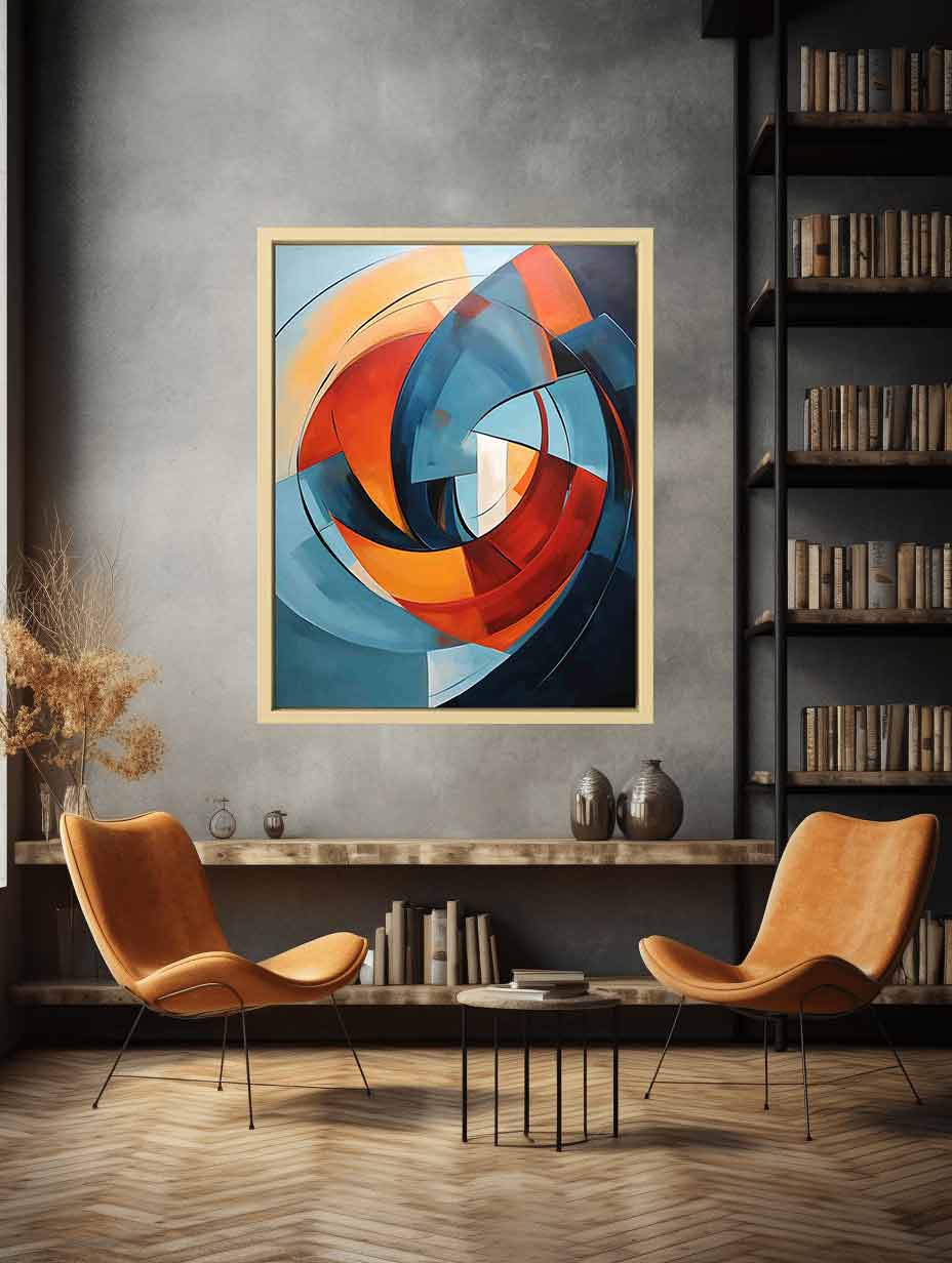 Teal and orange circular abstract canvas art for modern living room statement decor.