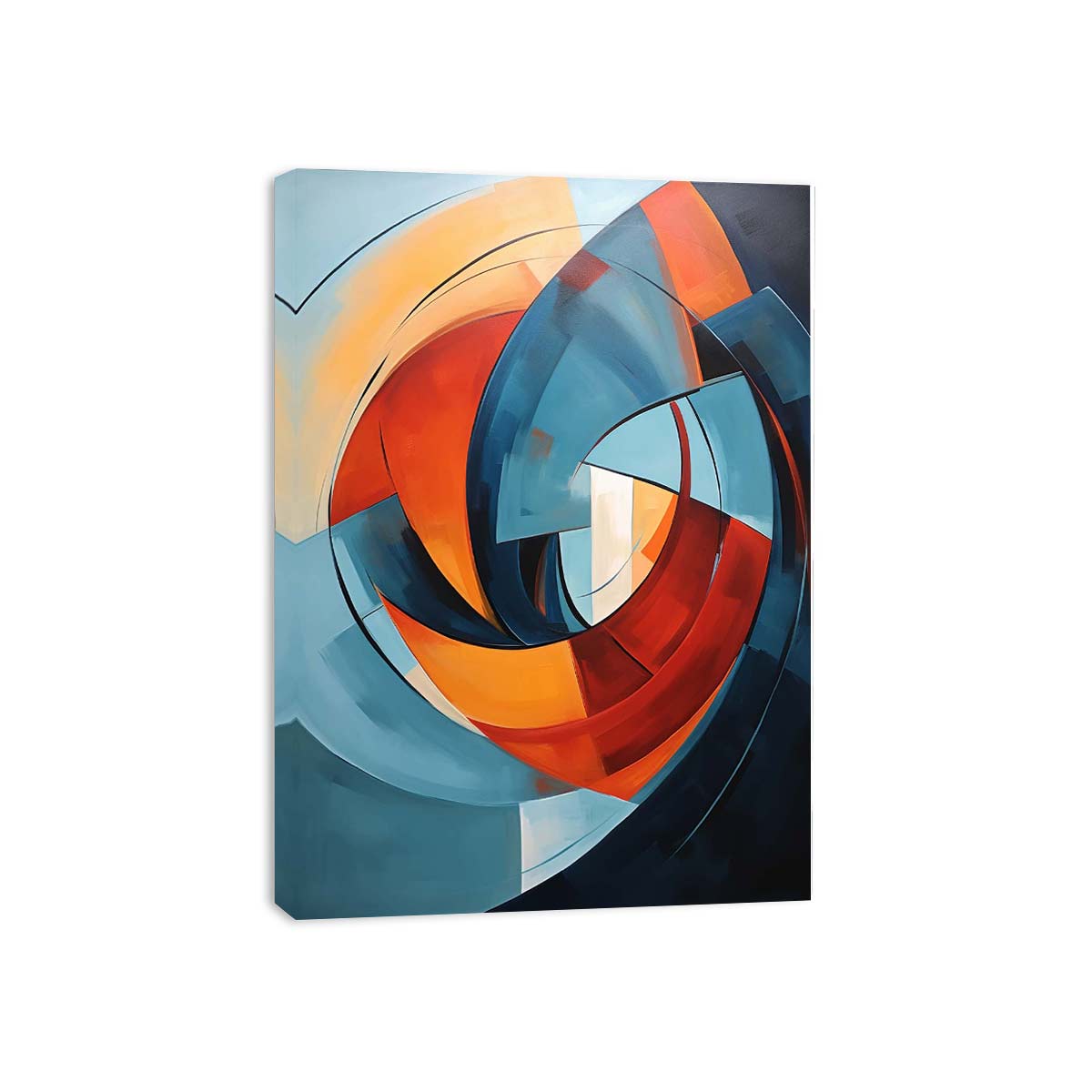Teal and orange circular abstract canvas art for modern living room statement decor.