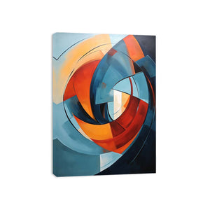 Teal and orange circular abstract canvas art for modern living room statement decor.
