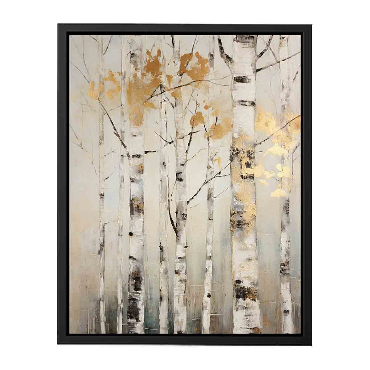 Neutral birch tree canvas art with gold leaves for serene modern home decor.