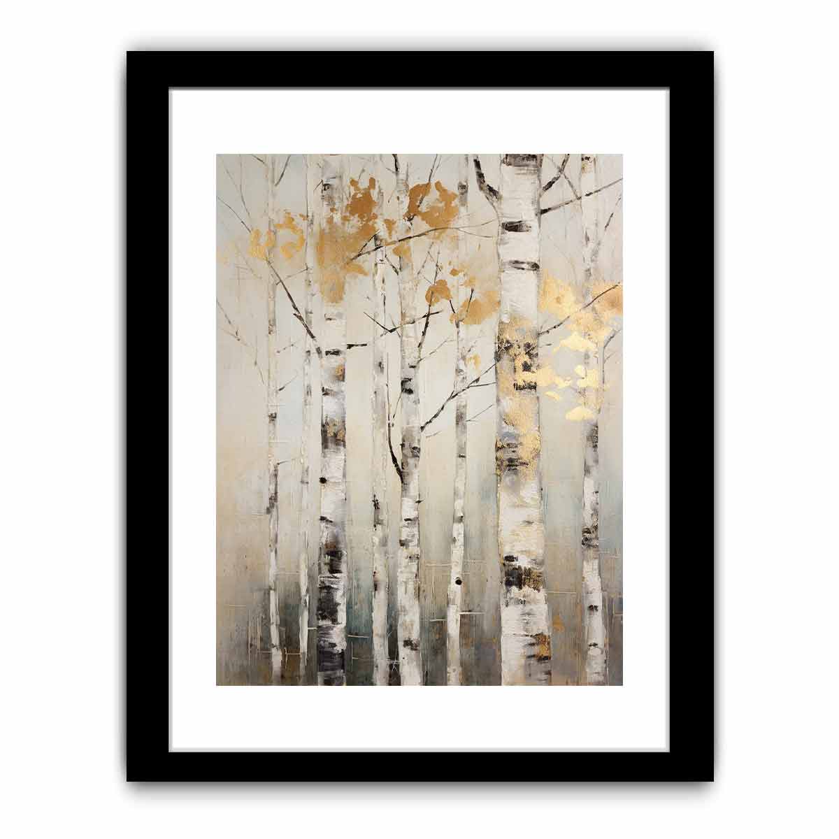 Neutral birch tree canvas art with gold leaves for serene modern home decor.