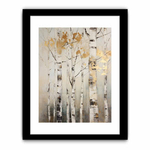 Neutral birch tree canvas art with gold leaves for serene modern home decor.