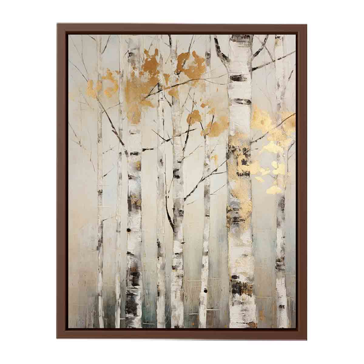 Neutral birch tree canvas art with gold leaves for serene modern home decor.