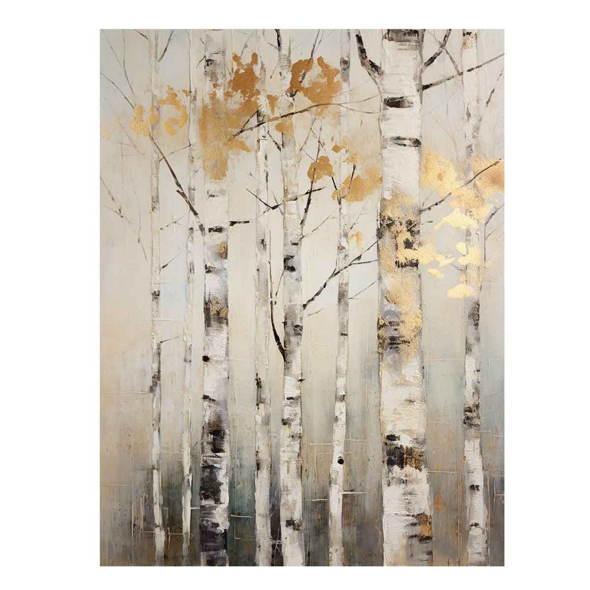 Neutral birch tree canvas art with gold leaves for serene modern home decor.