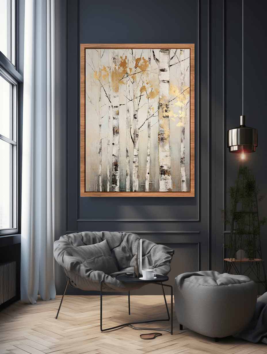 Neutral birch tree canvas art with gold leaves for serene modern home decor.