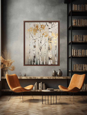 Neutral birch tree canvas art with gold leaves for serene modern home decor.