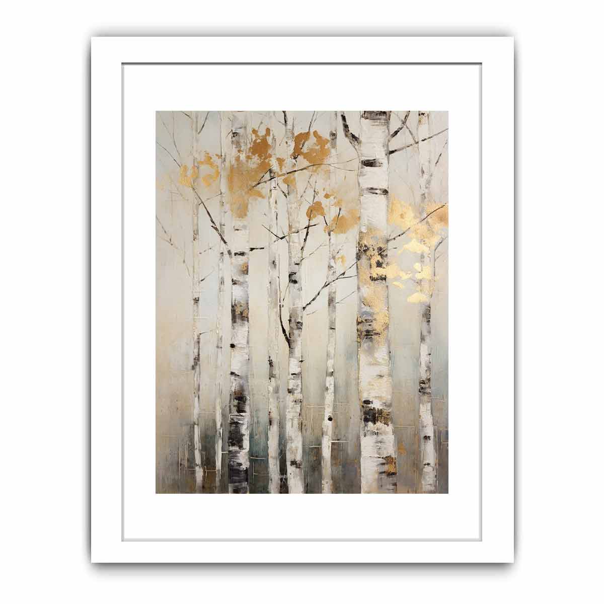 Neutral birch tree canvas art with gold leaves for serene modern home decor.