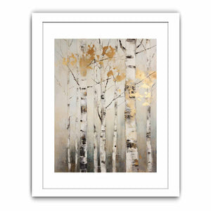 Neutral birch tree canvas art with gold leaves for serene modern home decor.