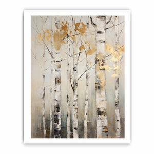 Neutral birch tree canvas art with gold leaves for serene modern home decor.
