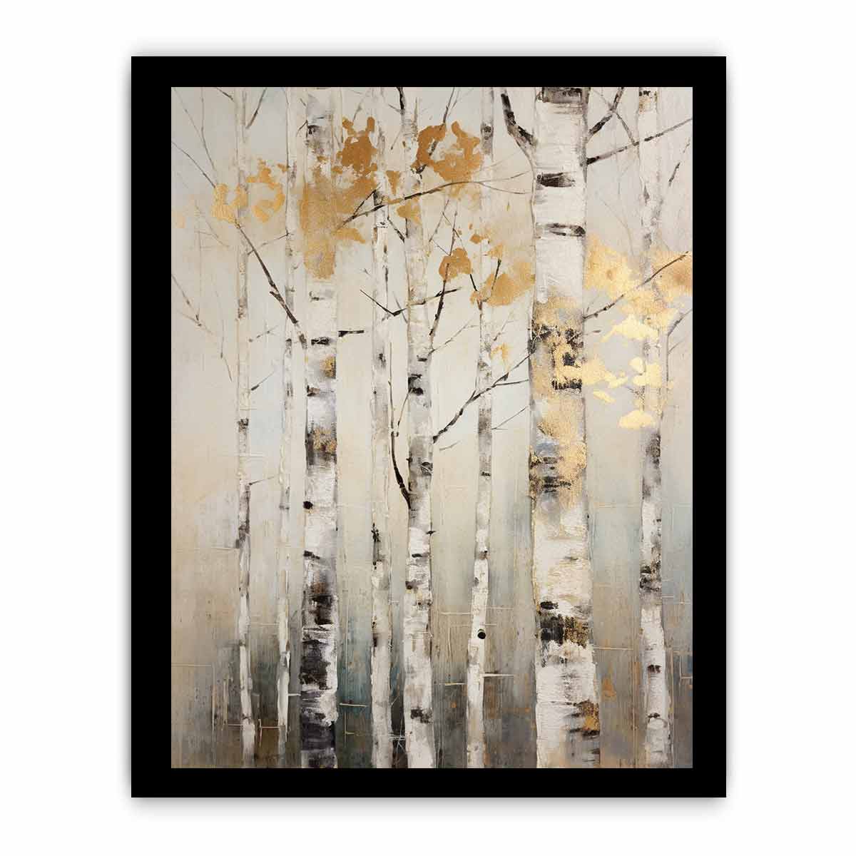 Neutral birch tree canvas art with gold leaves for serene modern home decor.
