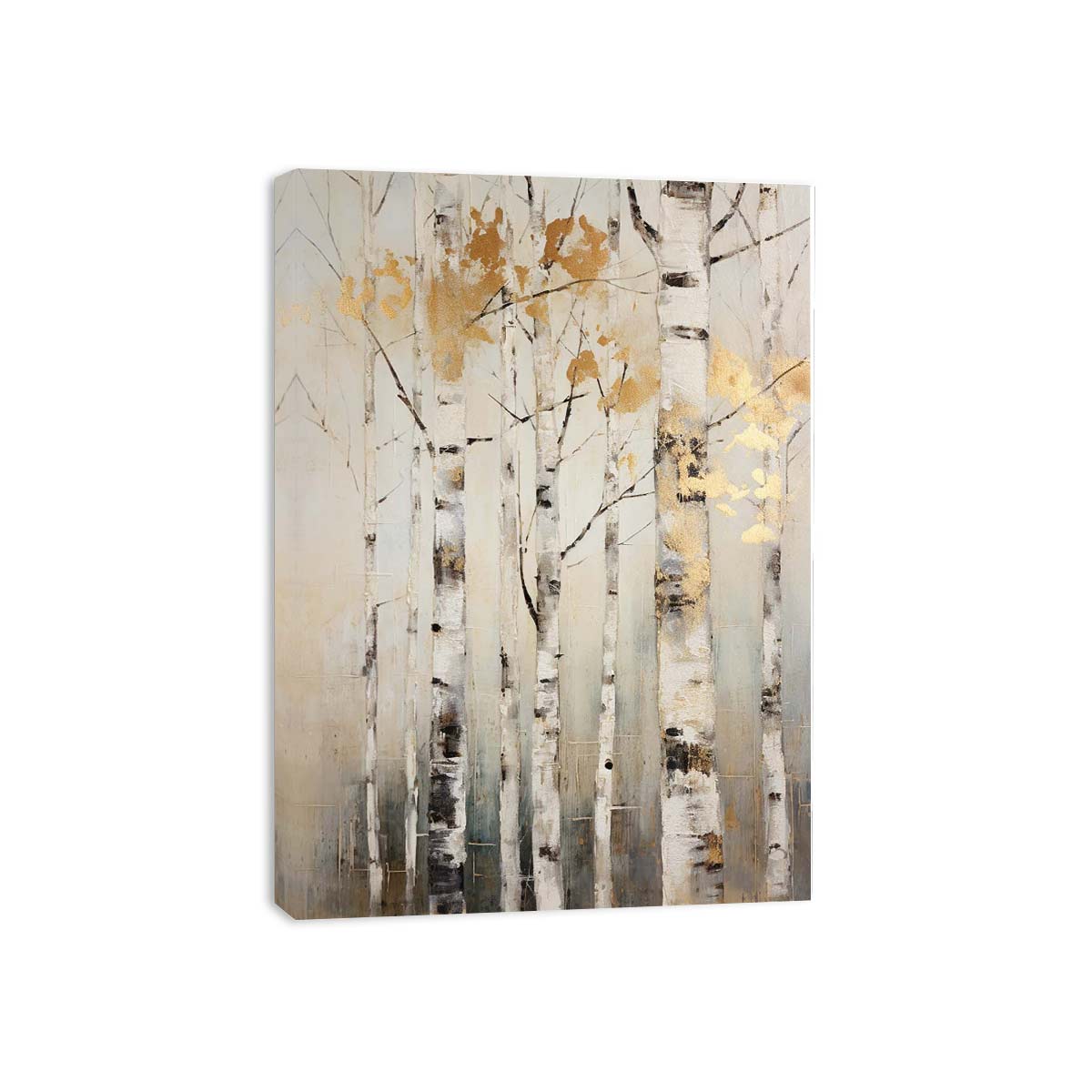 Neutral birch tree canvas art with gold leaves for serene modern home decor.