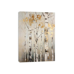 Neutral birch tree canvas art with gold leaves for serene modern home decor.