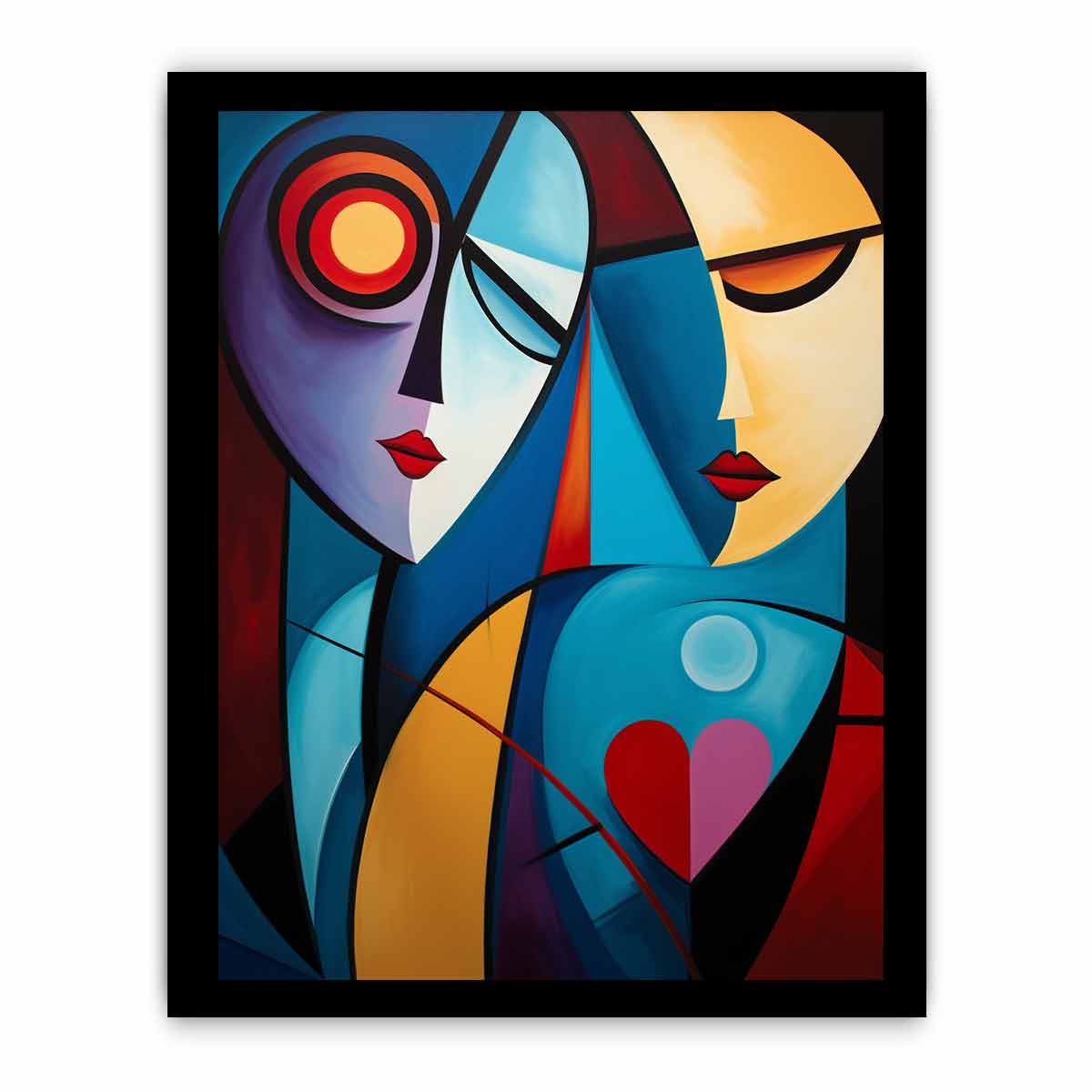 Cubist abstract couple canvas art with colorful faces for romantic modern decor.
