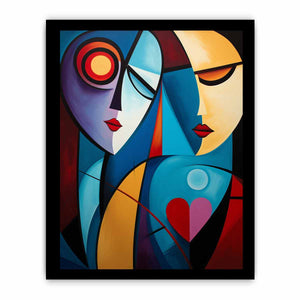 Cubist abstract couple canvas art with colorful faces for romantic modern decor.