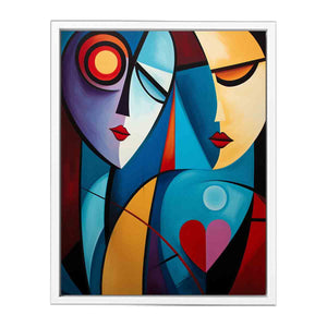 Cubist abstract couple canvas art with colorful faces for romantic modern decor.