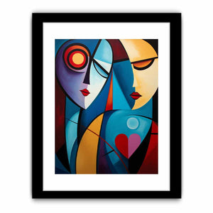 Cubist abstract couple canvas art with colorful faces for romantic modern decor.