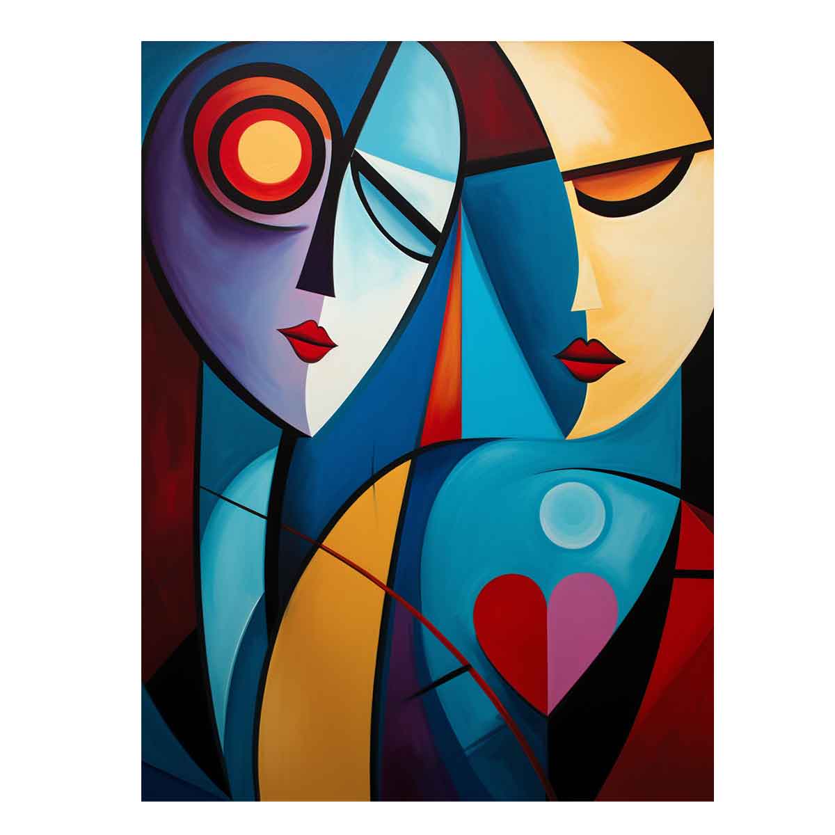 Cubist abstract couple canvas art with colorful faces for romantic modern decor.