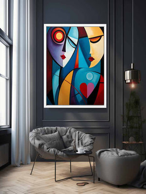 Cubist abstract couple canvas art with colorful faces for romantic modern decor.