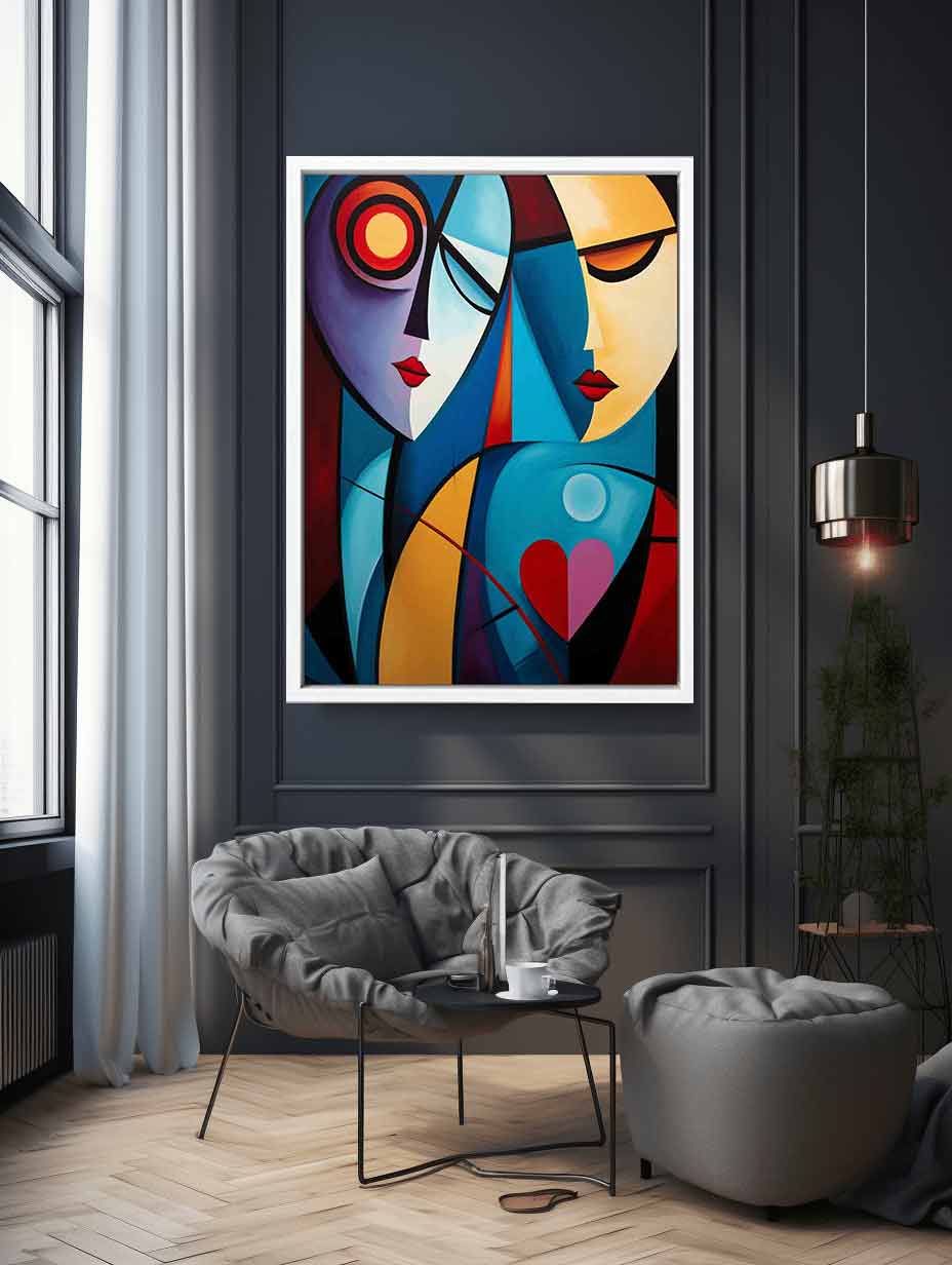 Cubist abstract couple canvas art with colorful faces for romantic modern decor.