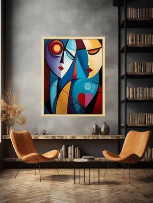 Cubist abstract couple canvas art with colorful faces for romantic modern decor.