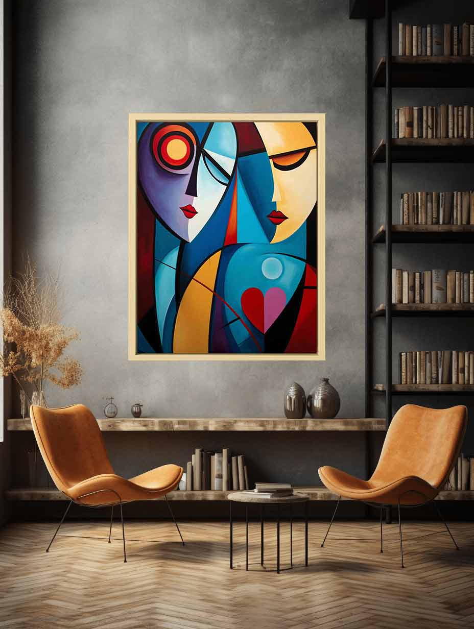 Cubist abstract couple canvas art with colorful faces for romantic modern decor.