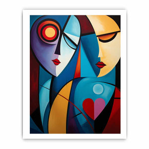 Cubist abstract couple canvas art with colorful faces for romantic modern decor.