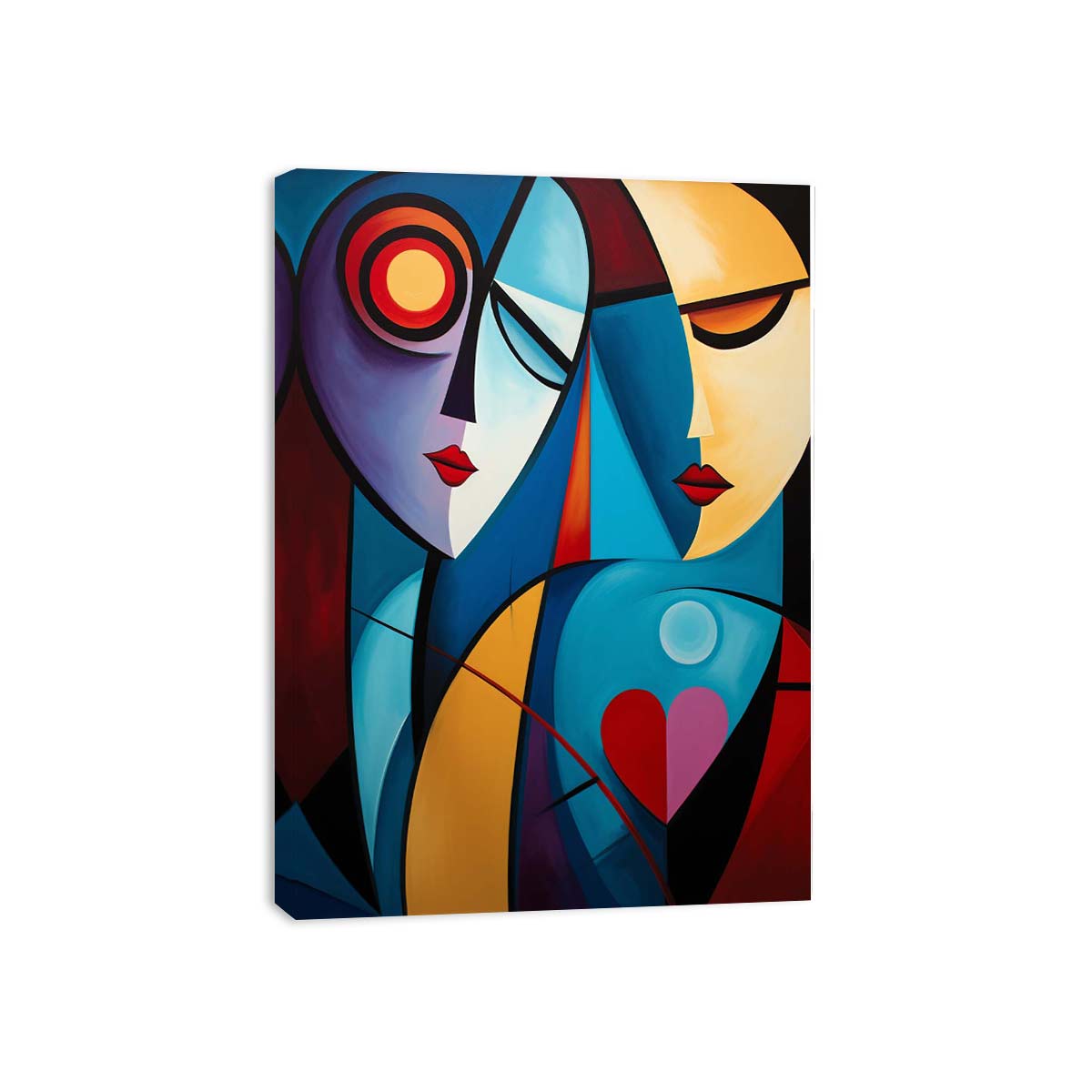 Cubist abstract couple canvas art with colorful faces for romantic modern decor.