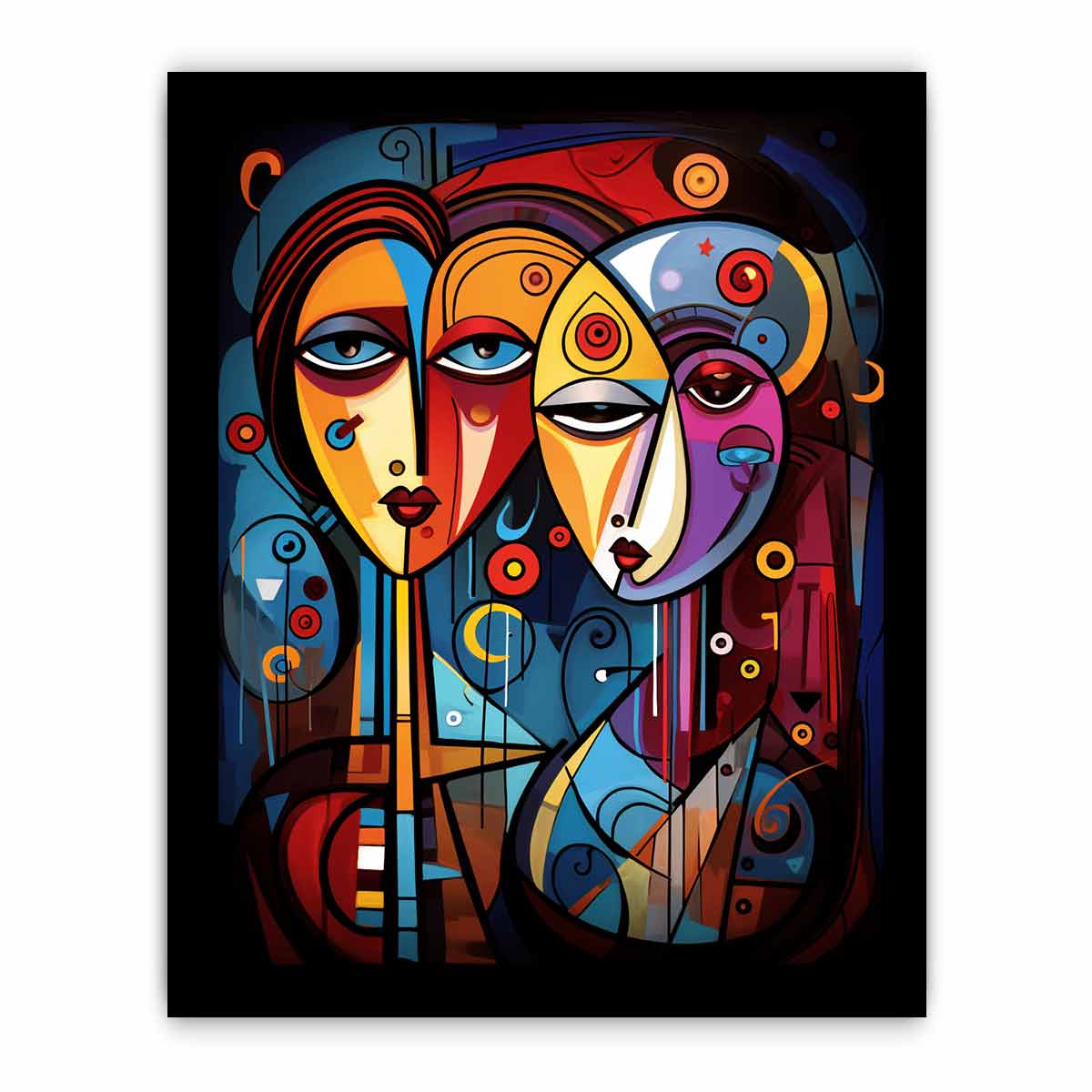 Bold abstract faces canvas art with vivid color for eclectic modern wall decor.