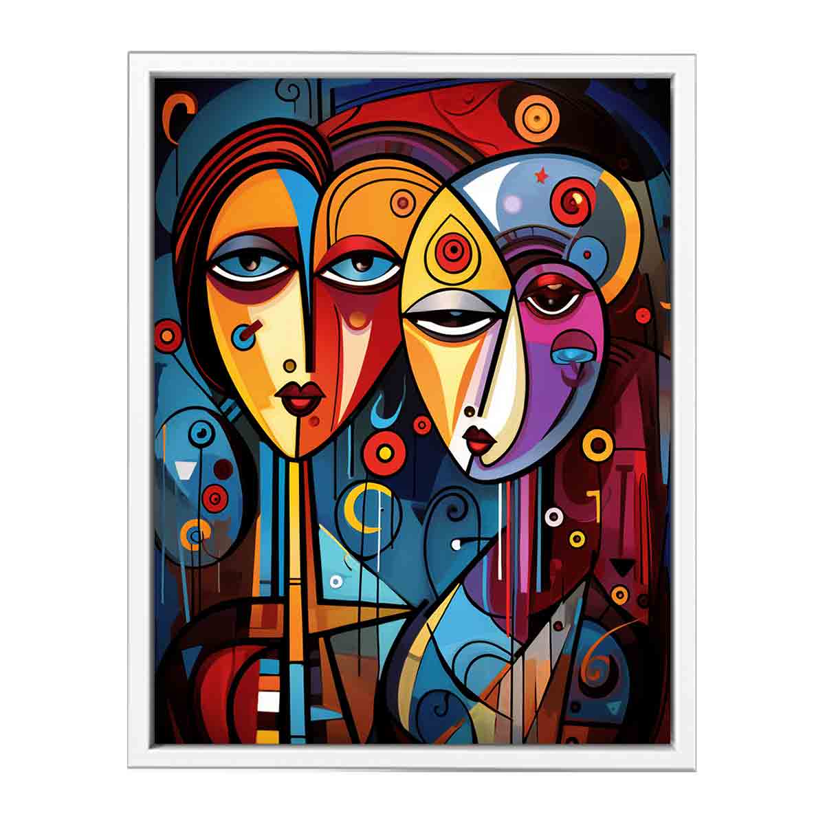 Bold abstract faces canvas art with vivid color for eclectic modern wall decor.