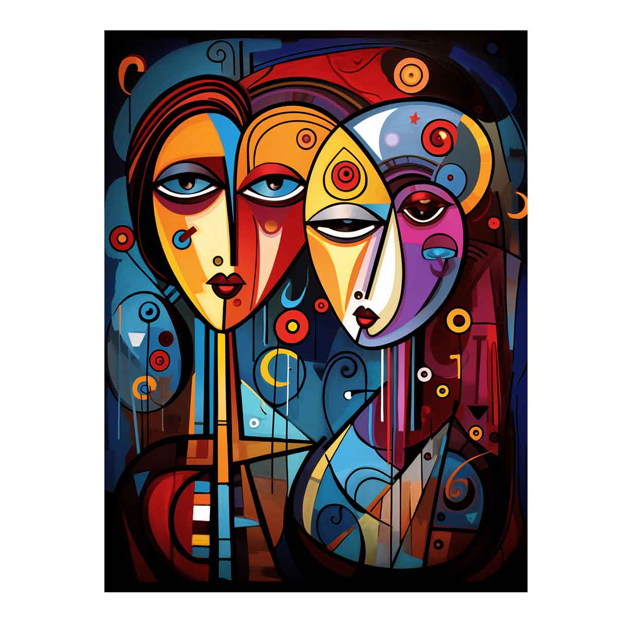 Bold abstract faces canvas art with vivid color for eclectic modern wall decor.