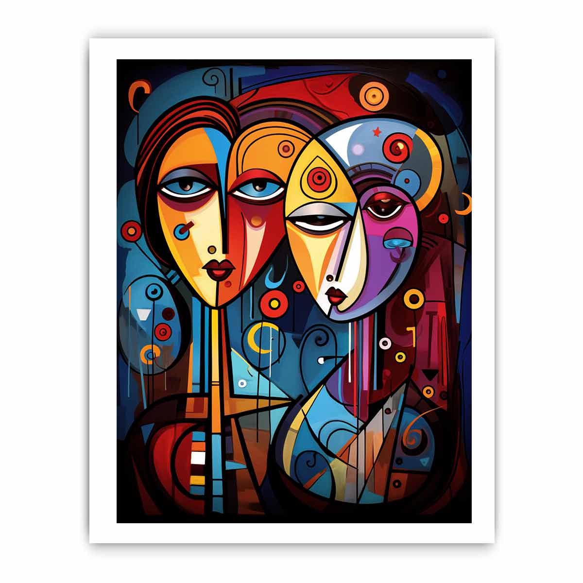Bold abstract faces canvas art with vivid color for eclectic modern wall decor.