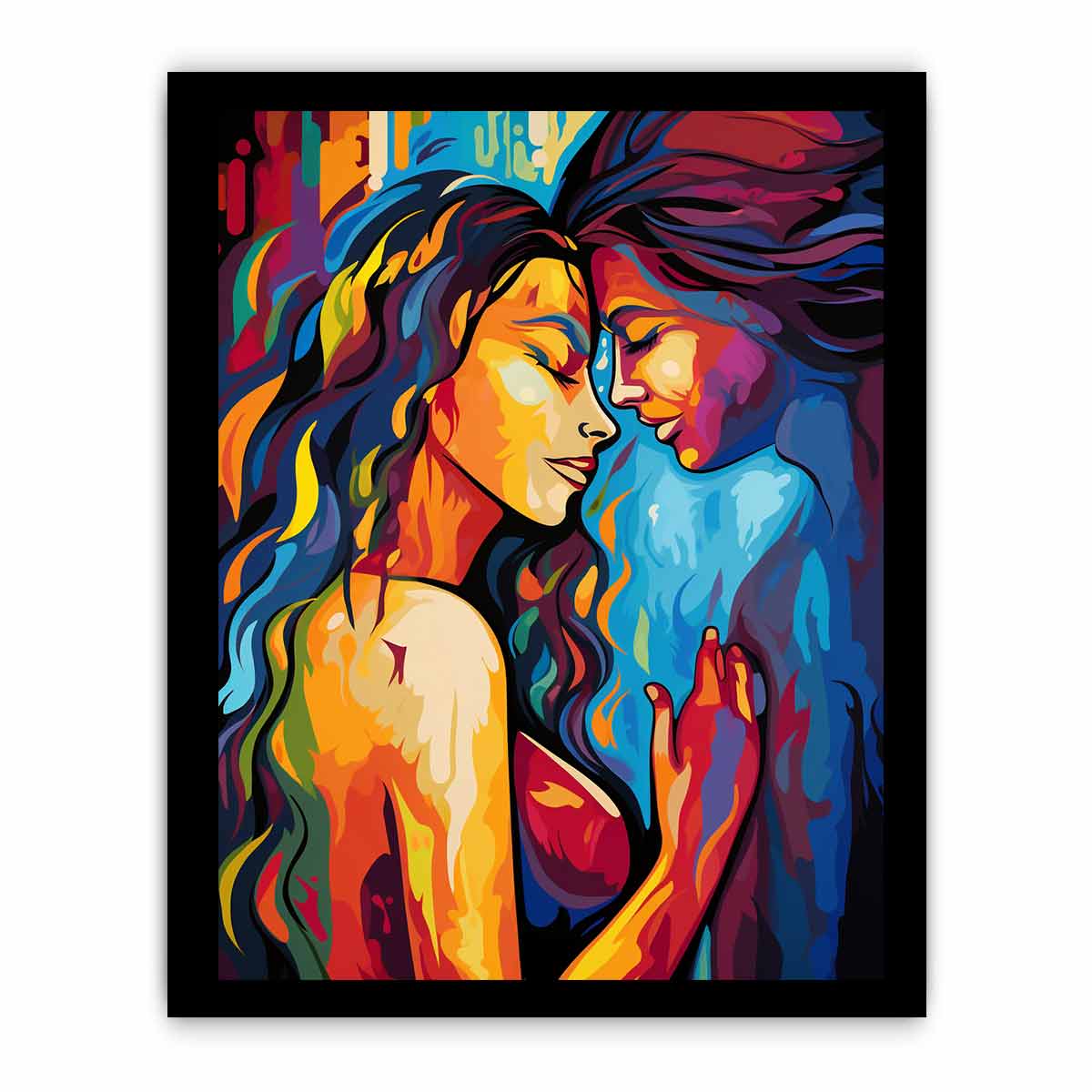 Colorful women embrace canvas art for expressive modern bedroom or living room decor.