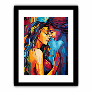 Colorful women embrace canvas art for expressive modern bedroom or living room decor.