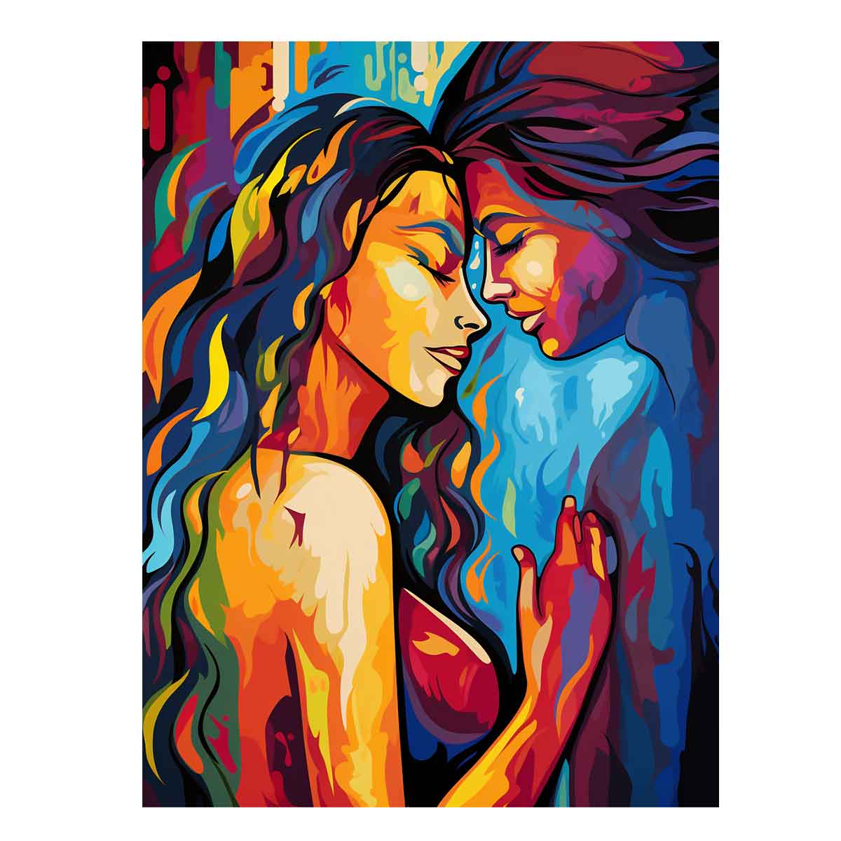 Colorful women embrace canvas art for expressive modern bedroom or living room decor.