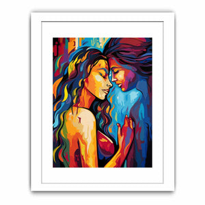 Colorful women embrace canvas art for expressive modern bedroom or living room decor.